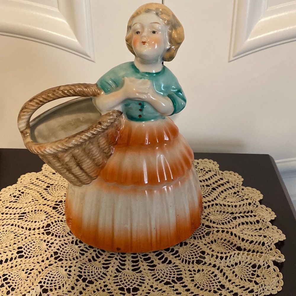 Vintage Lady Figurine w/ Basket Planter
